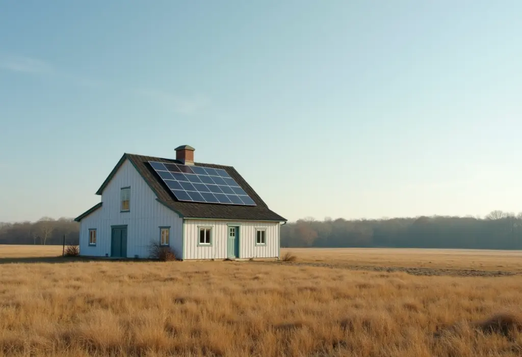 A farmhouse with a ground-mounted solar array on flat open farmland in western New York, big sky and distant treeline