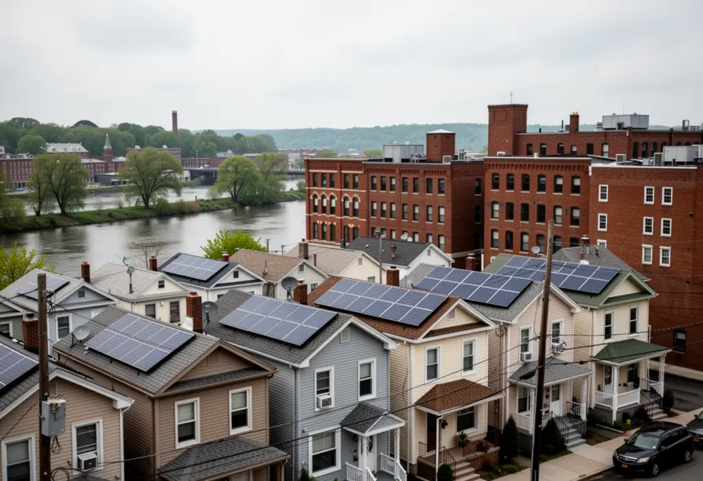 Densely built two family houses with small roofs and solar panels in Port Chester New York, the Byram River and low brick downtown buildings behind