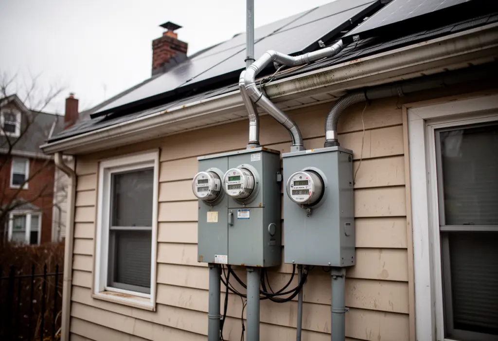 A residential electric meter and service panel on the exterior wall of a New York house with solar conduit running up to the roof