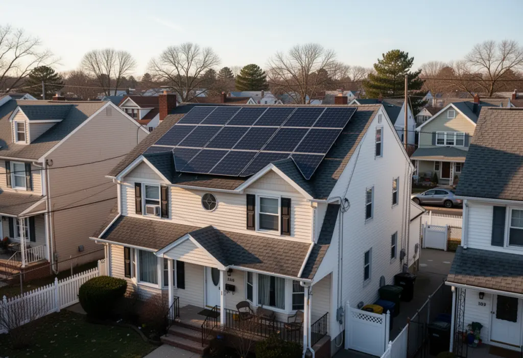 A dormered cape cod house with a compact rooftop solar array on a dense residential street of small lots in Valley Stream Nassau County New York