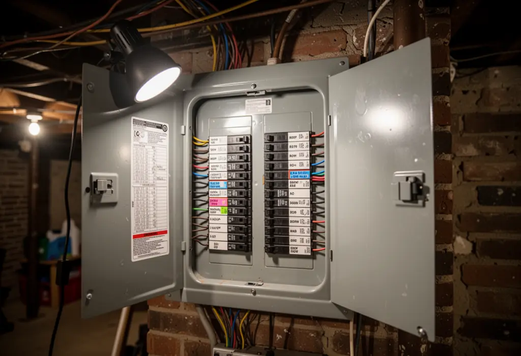 An open residential electrical panel with neatly labelled circuit breakers in a New York basement, no legible text
