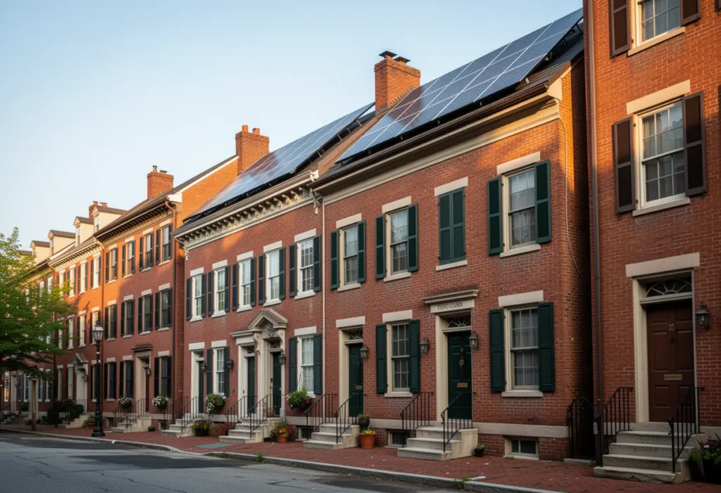 A nineteenth century brick row house in Troy New York with solar panels on a rear roof plane, historic streetscape