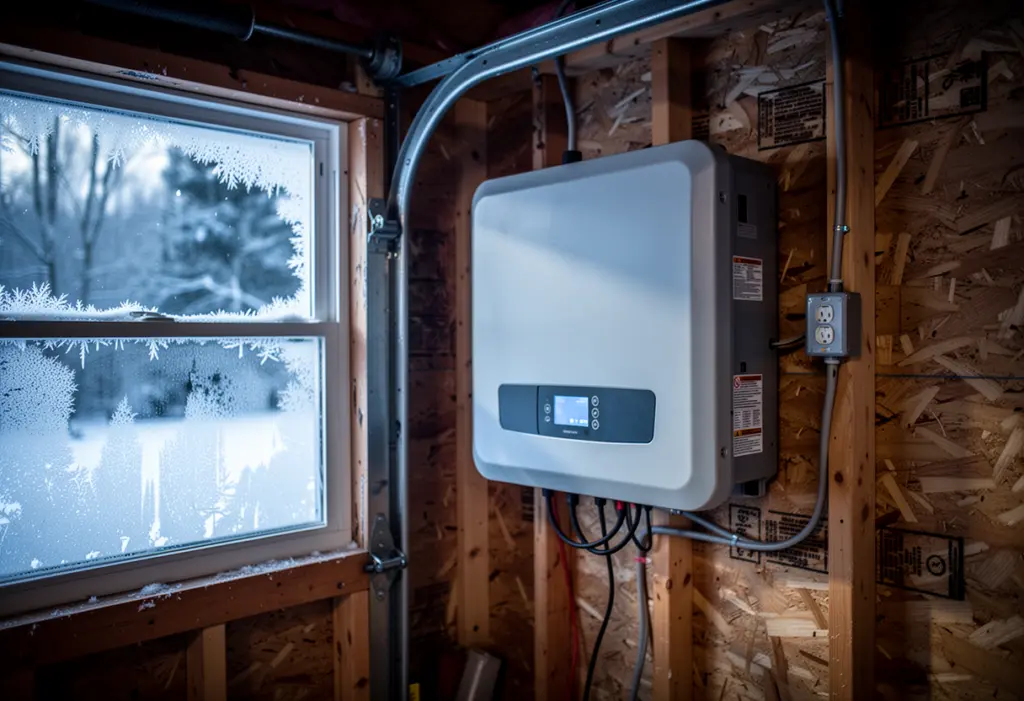 A home battery unit mounted on the wall of an unheated garage in upstate New York, frost on the window