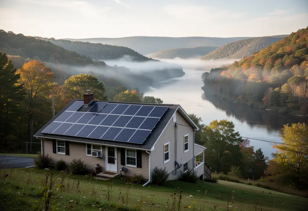 A house with rooftop solar panels on a hillside above a river valley in the Southern Tier of New York, wooded slopes