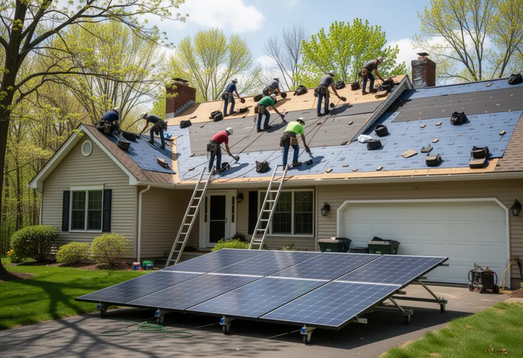 Roofers laying new asphalt shingles on a suburban house in the Hudson Valley with a solar array staged on the driveway below