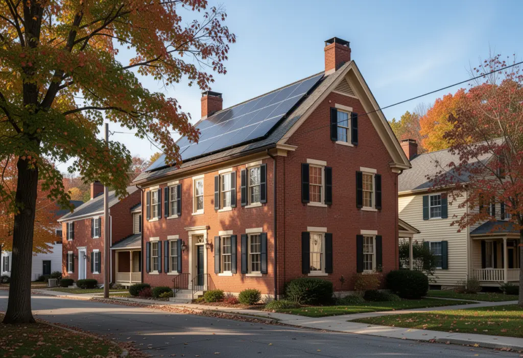 A nineteenth century brick house on a tree lined street in a Finger Lakes town in New York, solar modules on a steep rear roof plane
