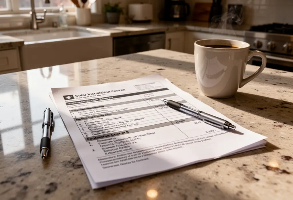 An itemised solar installation contract on a kitchen counter beside a pen and a coffee cup in a New York home