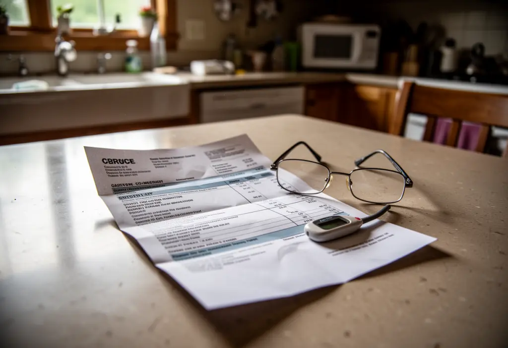A paper utility bill and reading glasses on a kitchen table in an upstate New York home, no legible text