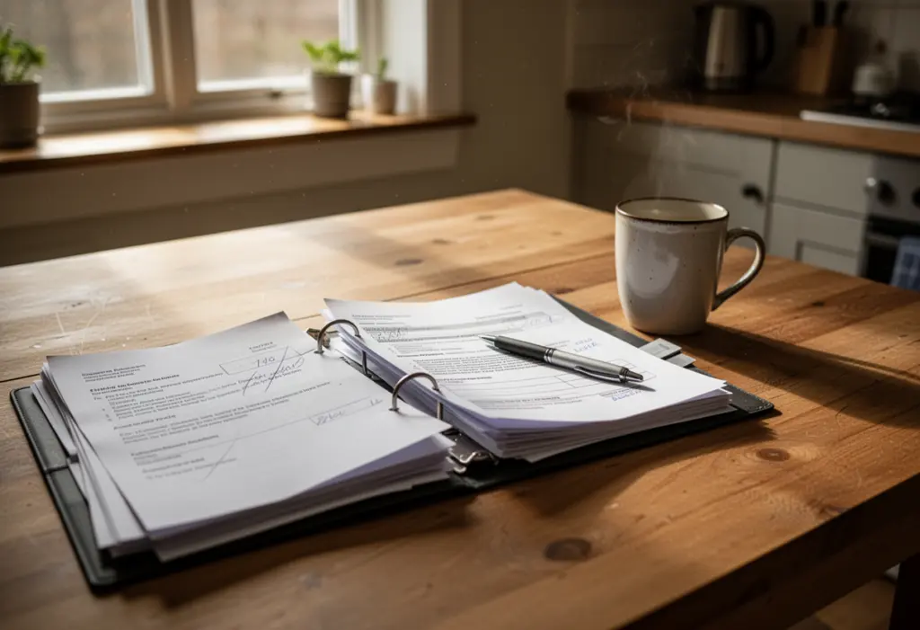 A kitchen table with an open folder of paperwork and a pen beside a mug, warm daylight from a window, no legible text