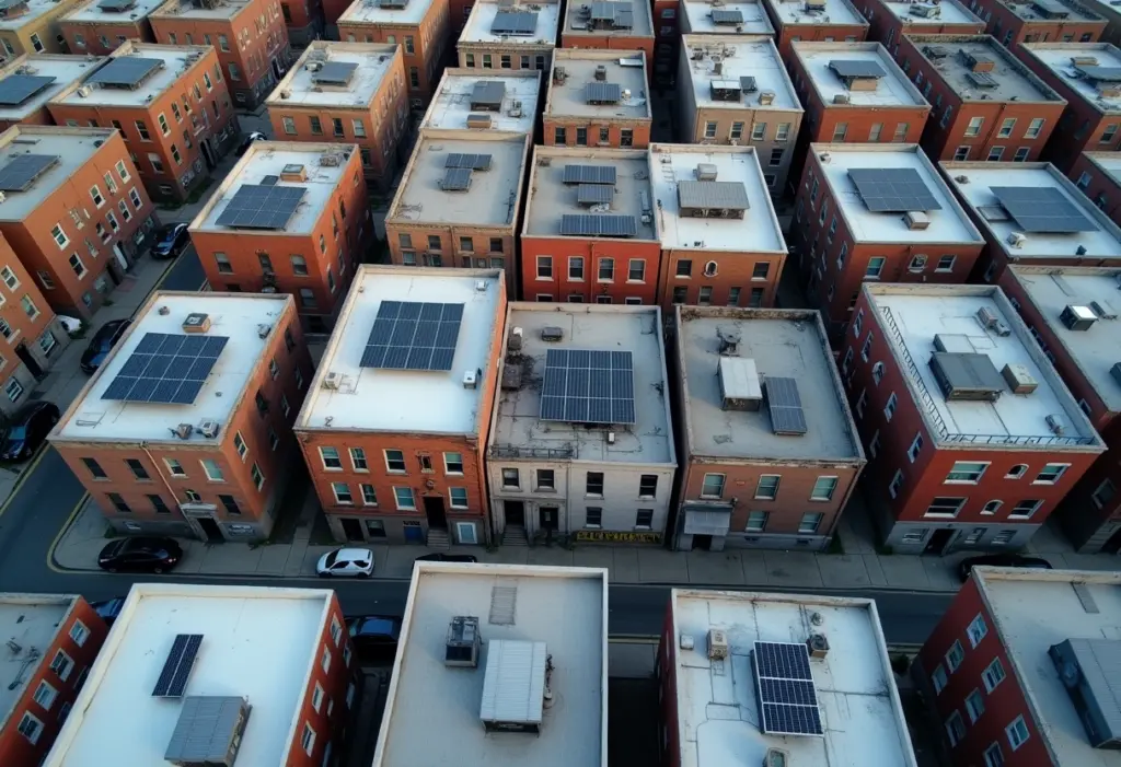 An aerial view of Brooklyn rowhouse rooftops with solar panel arrays on several of them, daytime