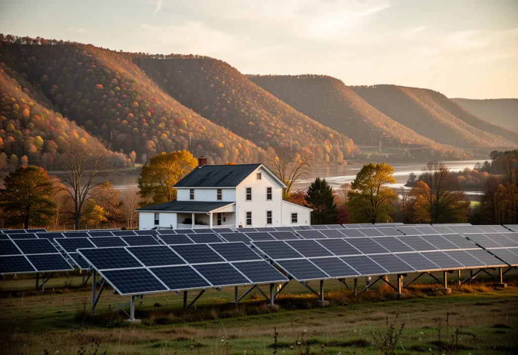 A farmhouse with a ground mounted solar array in an open field above the Susquehanna valley near Windsor New York