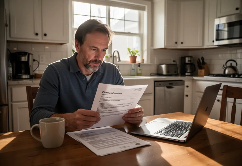 A homeowner reading a printed finance contract at a kitchen table with a laptop open beside it, New York suburban home interior