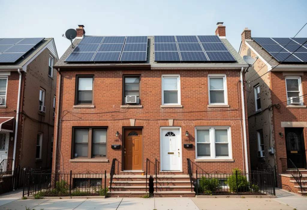 A two-family brick house with two front doors and rooftop solar panels in an outer borough New York neighbourhood