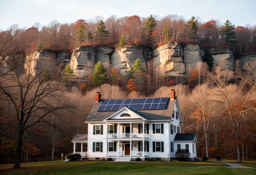 A large colonial house with a rooftop solar array at the foot of a wooded limestone ridge east of Syracuse in central New York