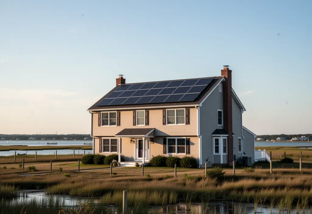 A two-storey house with rooftop solar panels near the Great South Bay in Suffolk County Long Island, flat terrain and wide sky