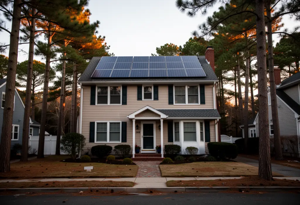 A two storey suburban house with rooftop solar panels on a pine lined street in central Suffolk County Long Island