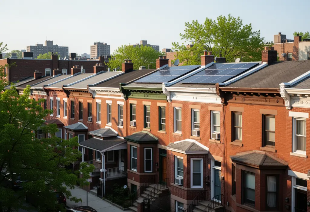 A dense street of attached two family brick houses in Mount Vernon New York with flat roofs and parapets, some carrying solar panels