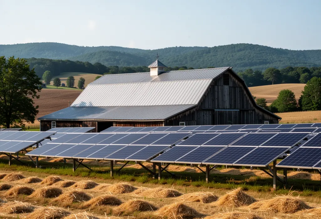 A Columbia County New York farmstead with a standing seam metal barn roof and a ground mounted solar array in a hayfield