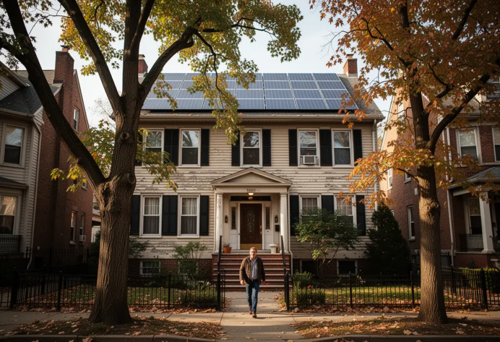 An older two-storey New York home with mature trees and a rooftop solar array, homeowner walking up the front path in early autumn