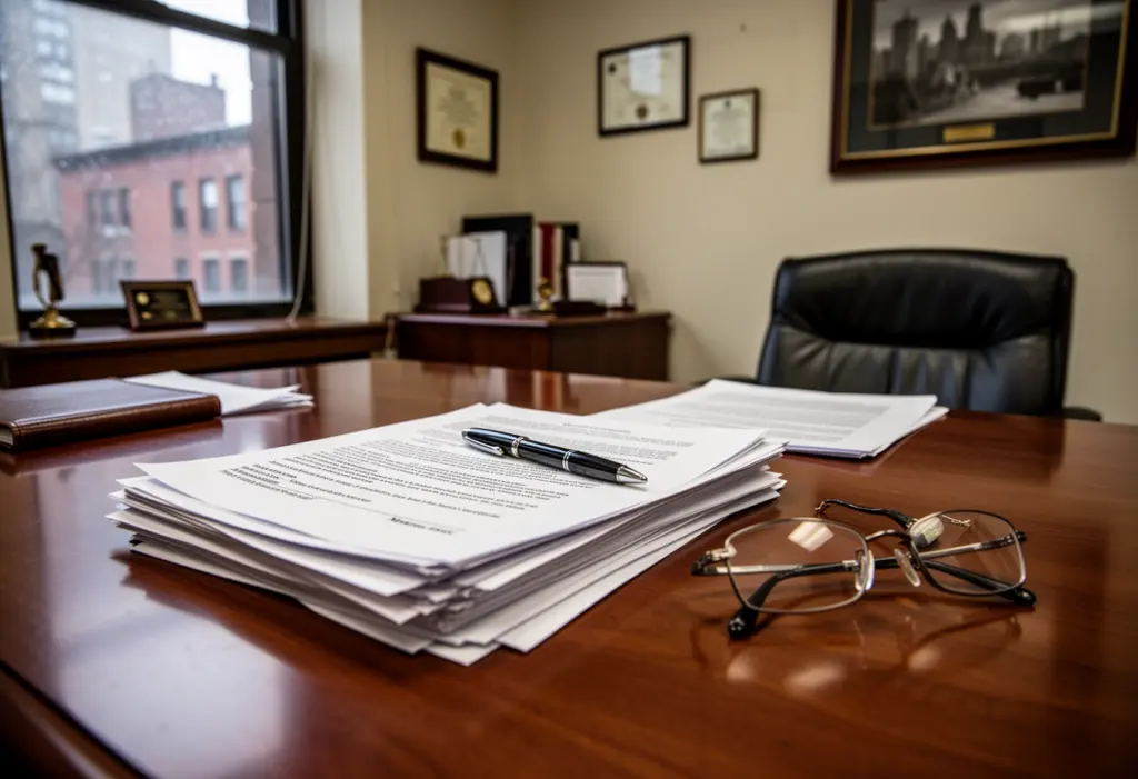 A mortgage closing table with a stack of documents, a pen and reading glasses in a small New York law office, overcast daylight through a window