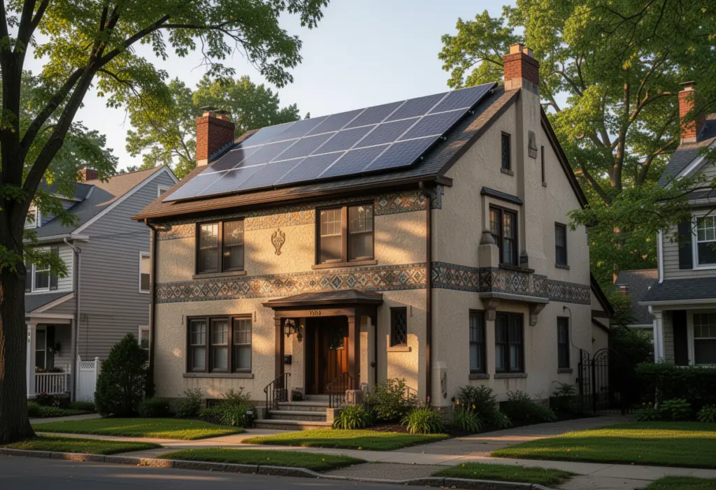 A 1920s stucco and tile house with rooftop solar panels on a leafy street in southern Westchester