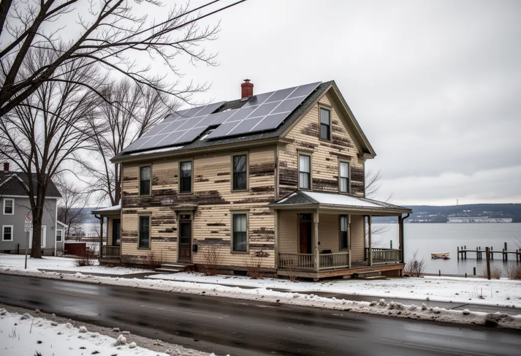 An early twentieth century wood frame house with rooftop solar panels on a street near the St Lawrence River waterfront in northern New York