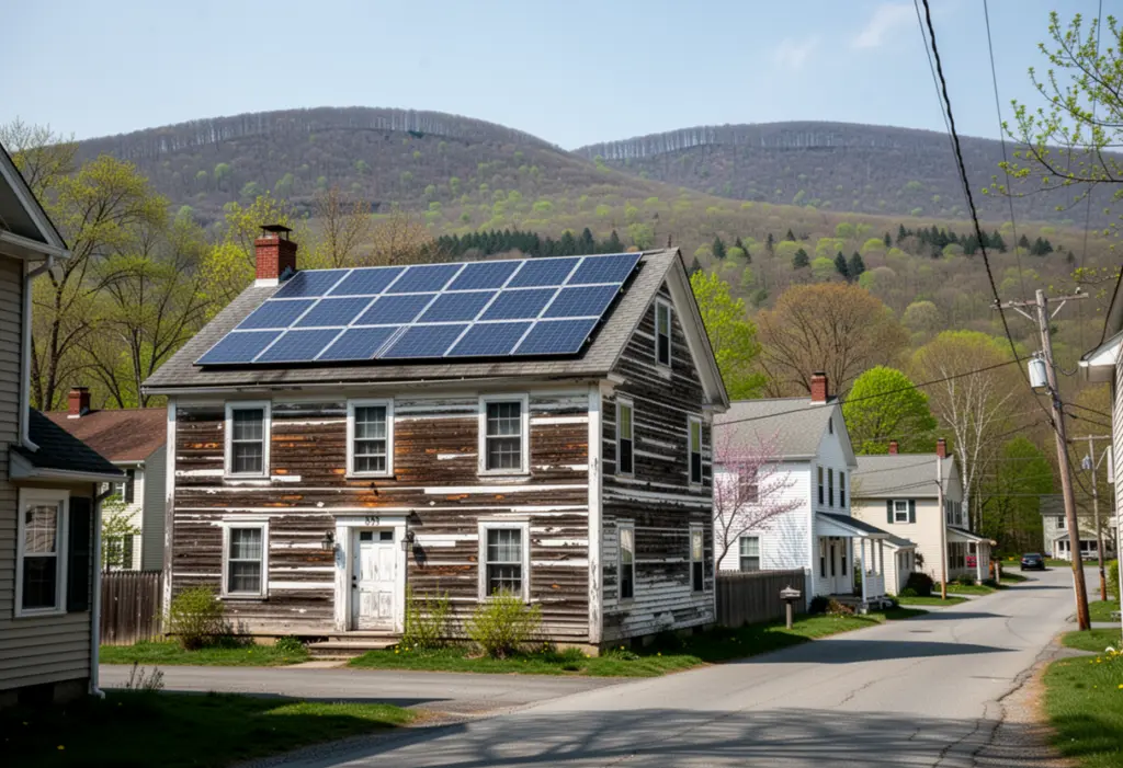 A colonial era wood frame house with rooftop solar panels on a village street in Dutchess County New York with wooded Hudson Highlands ridges behind
