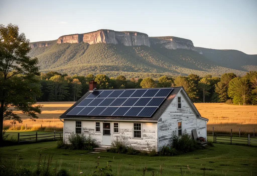 A farmhouse with rooftop solar panels below the Catskill escarpment in Greene County New York, open fields and mountains behind