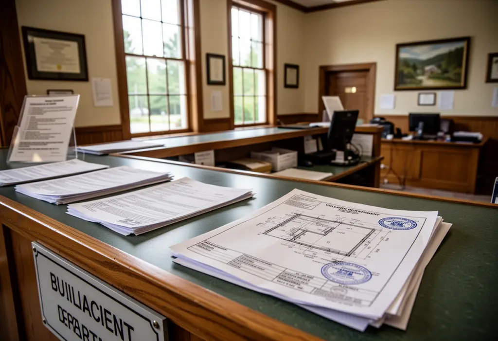 A village building department counter with permit forms and a stamped drawing set in a small upstate New York town hall