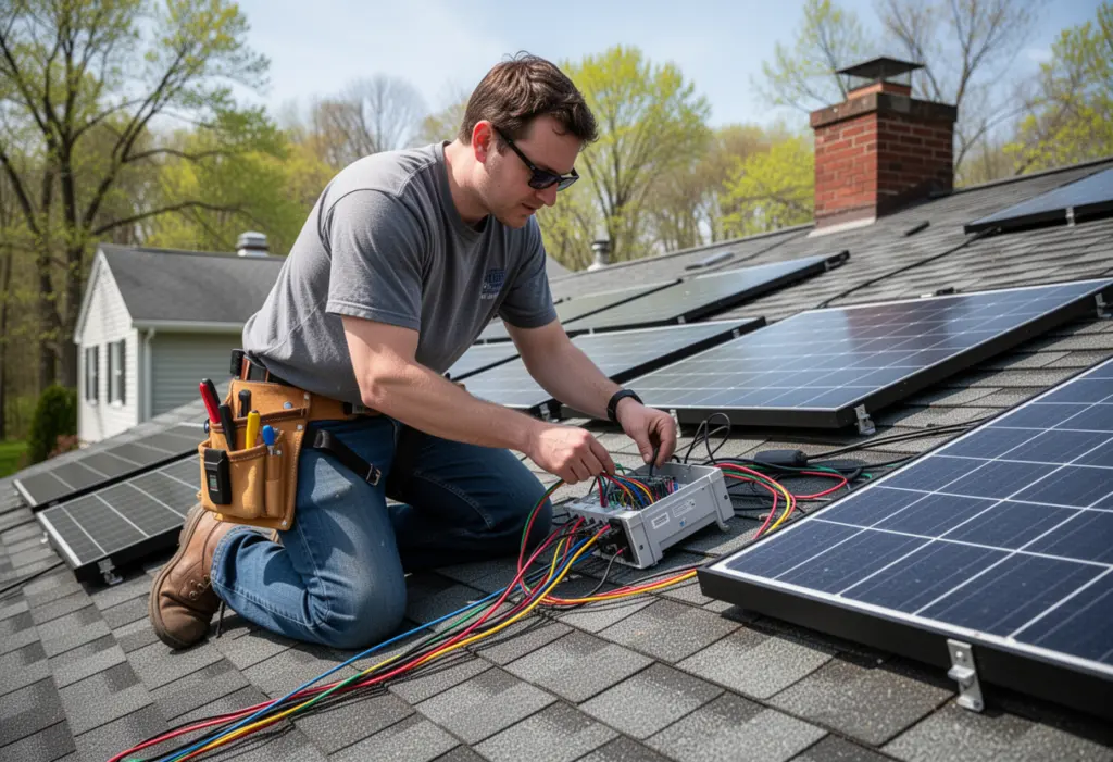 A solar installer kneeling on a residential shingle roof checking module wiring in upstate New York