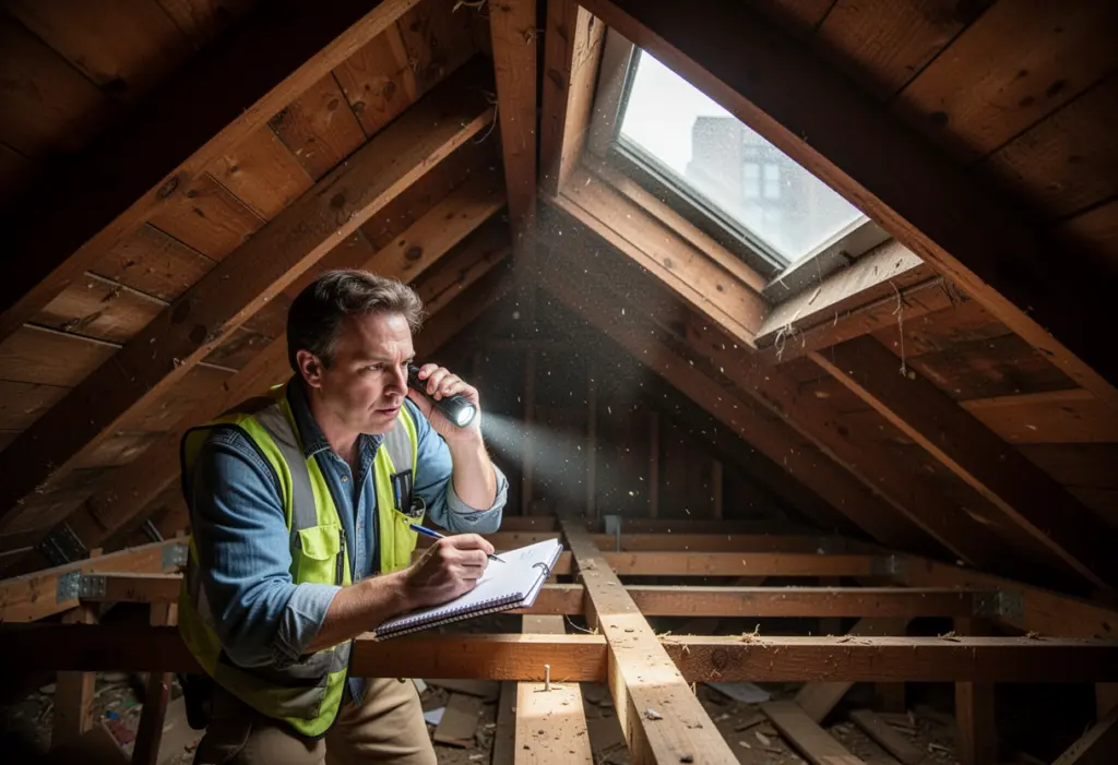A structural engineer examining roof rafters in a New York attic with a flashlight and a notebook, dusty daylight falling through a gable vent