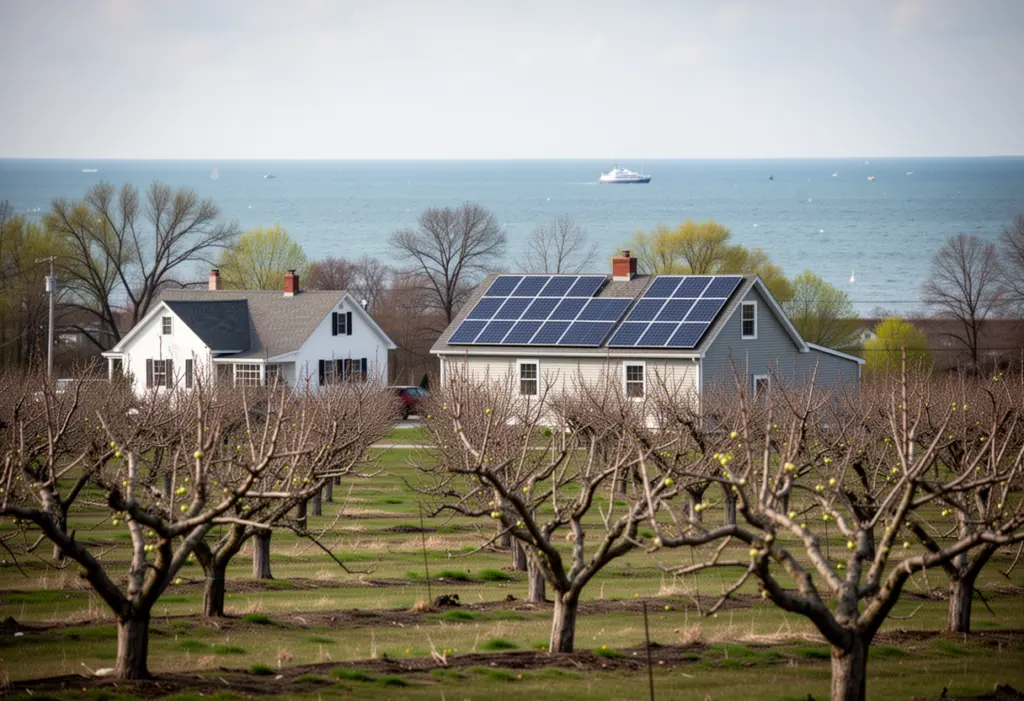 An orchard with a farmhouse and rooftop solar panels near the Lake Ontario shore in western New York, bare fruit trees in early spring