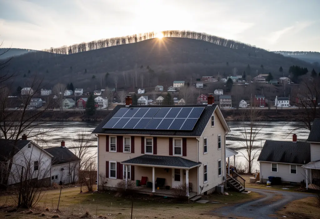 A two storey house with rooftop solar panels in a river valley town ringed by wooded hills in the New York Southern Tier