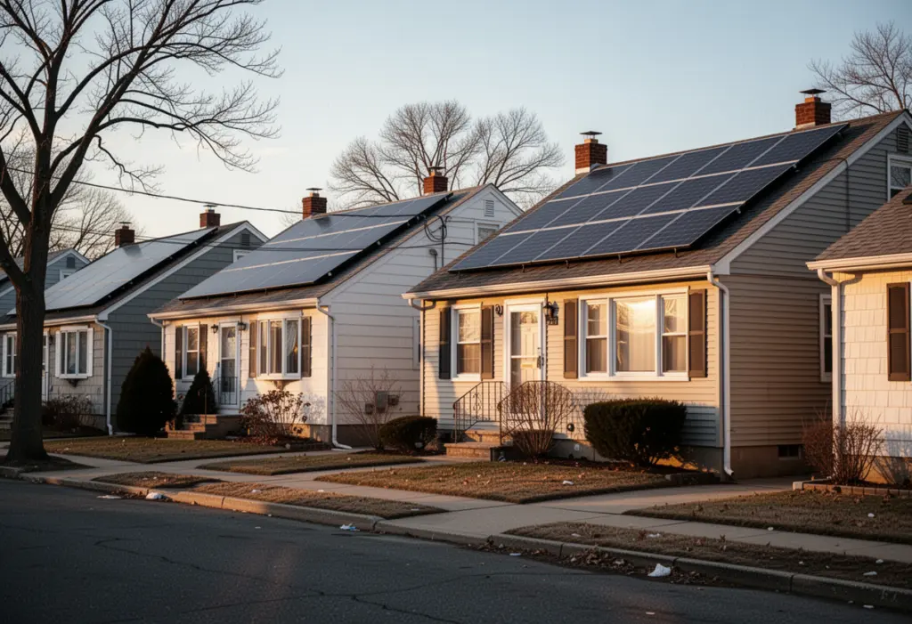 A row of modest post-war homes on a South Shore Long Island street with rooftop solar panels on two of them, low winter sun