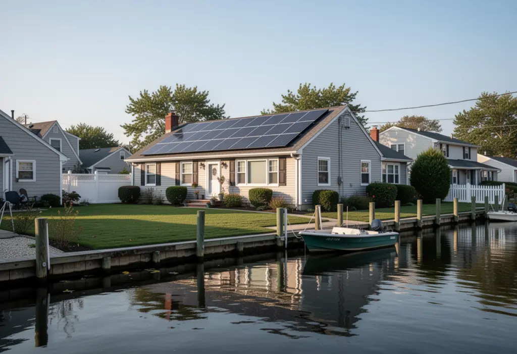 A South Shore Long Island ranch house with rooftop solar panels beside a residential canal with a small boat