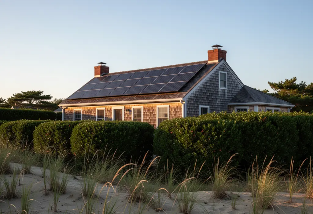 A cedar-shingled house with discreet rooftop solar panels behind tall hedges on eastern Long Island, dune grass and clear sky