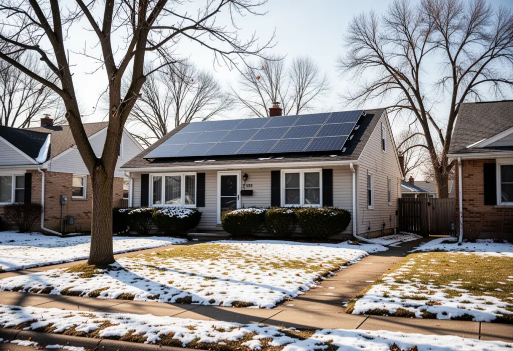 A residential street in a Buffalo suburb with solar panels on a house roof, bare trees, bright winter daylight
