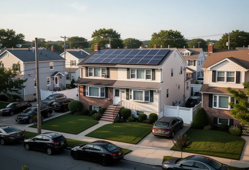 A split-level house with rooftop solar panels on a densely built Nassau County street, parked cars and neat lawns