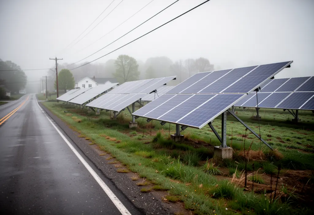 A row of ground mounted solar panels in a field beside a rural New York road on an overcast morning