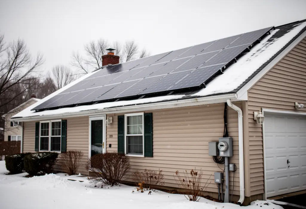 A suburban house near Rochester New York in winter with rooftop solar panels under light snow and an electrical meter on the wall