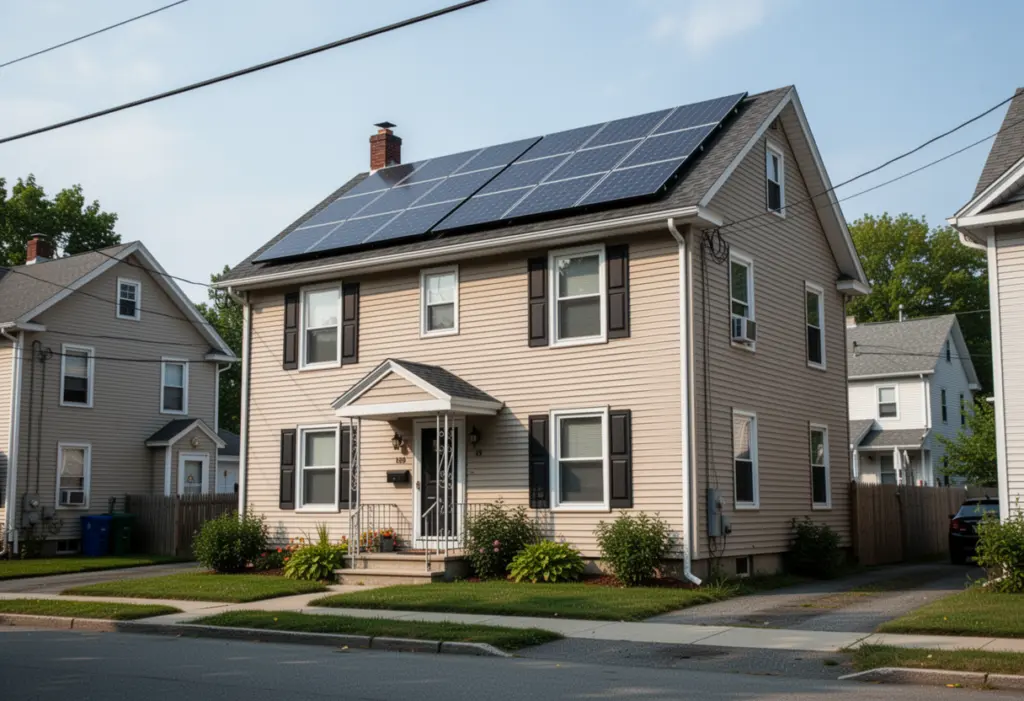 A two-storey rental house with rooftop solar panels on a residential street in upstate New York, ordinary and well kept