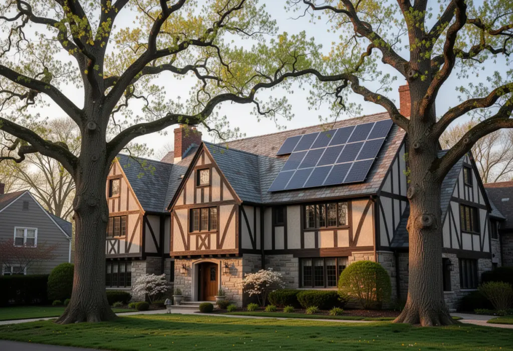 A large Tudor style house with a steep slate roof and mature oak trees in Scarsdale, New York, solar panels on a south facing roof plane