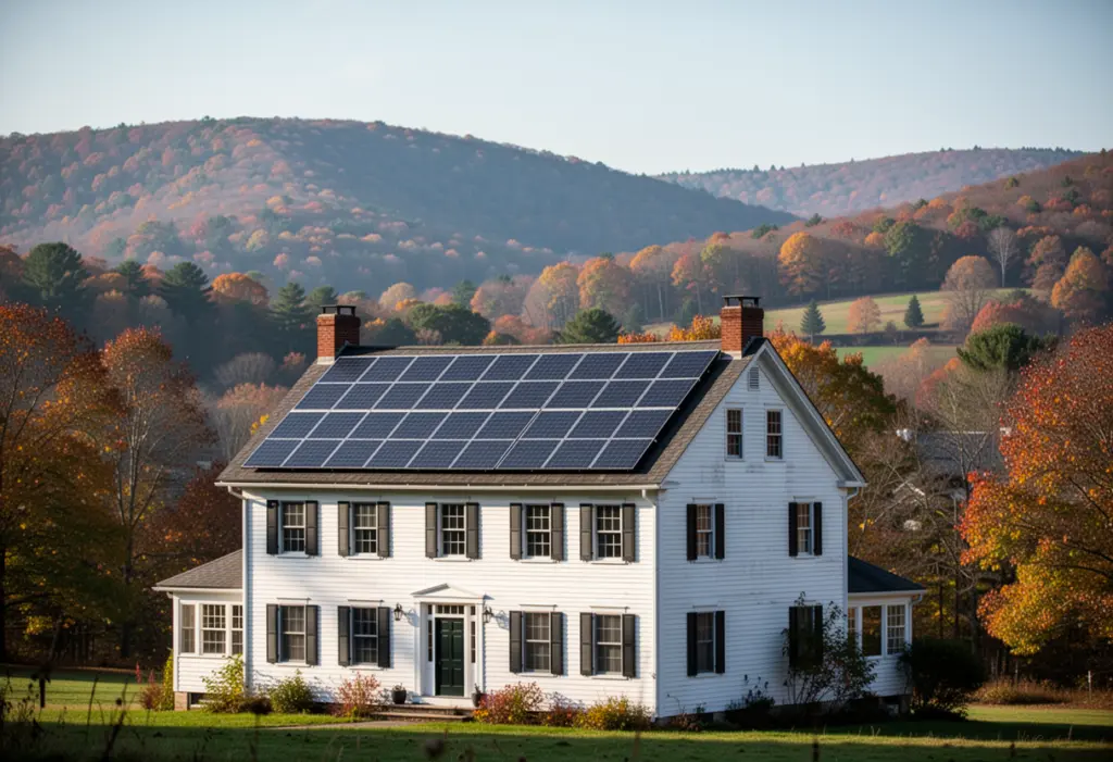 Solar panels on the roof of a colonial farmhouse in the Hudson Valley, rolling wooded hills in the background