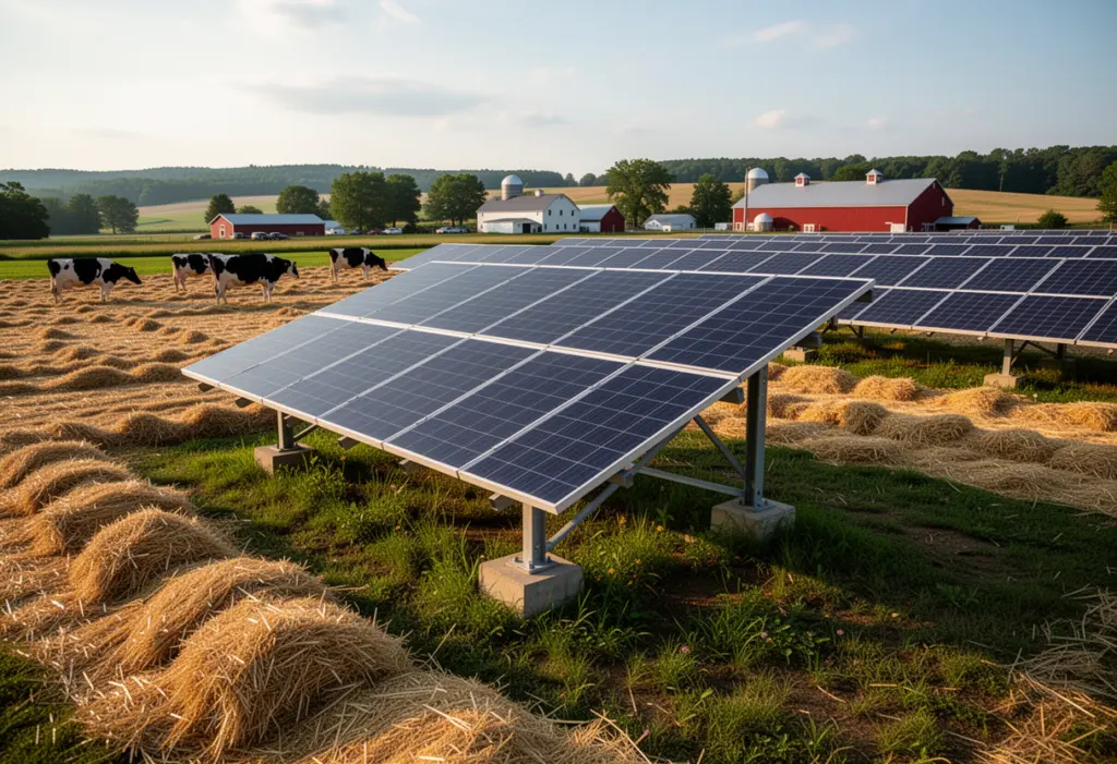 A ground mounted solar array at the edge of a hay field on a New York dairy farm