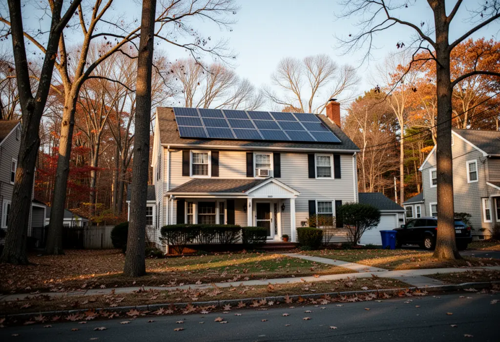 A 1960s colonial house with rooftop solar panels on a wooded suburban street in Rockland County New York, bare autumn trees and fallen leaves