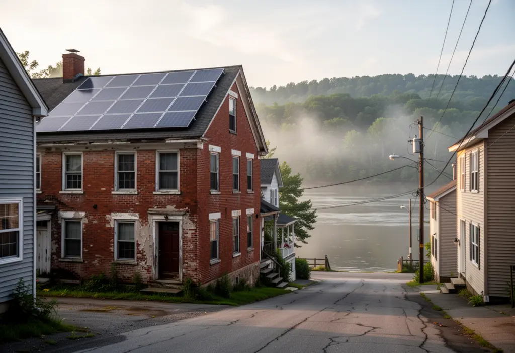 A Hudson riverfront village street in Greene County New York with an old brick house and rooftop solar panels, the river visible beyond