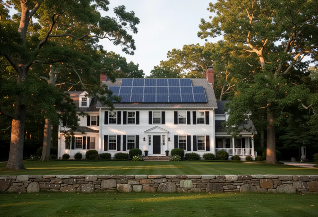 A substantial colonial house with rooftop solar panels among mature trees on Long Island's north shore, stone wall and lawn