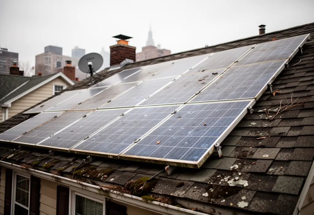 An older rooftop solar array on a New York house, panels slightly weathered, surrounding roof shingles aged