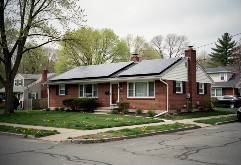A mid century brick ranch house with rooftop solar panels on a tree lined suburban street near Albany New York, early spring