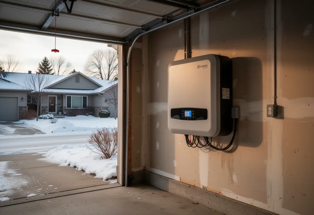A wall mounted home battery unit in a suburban garage with no solar panels visible